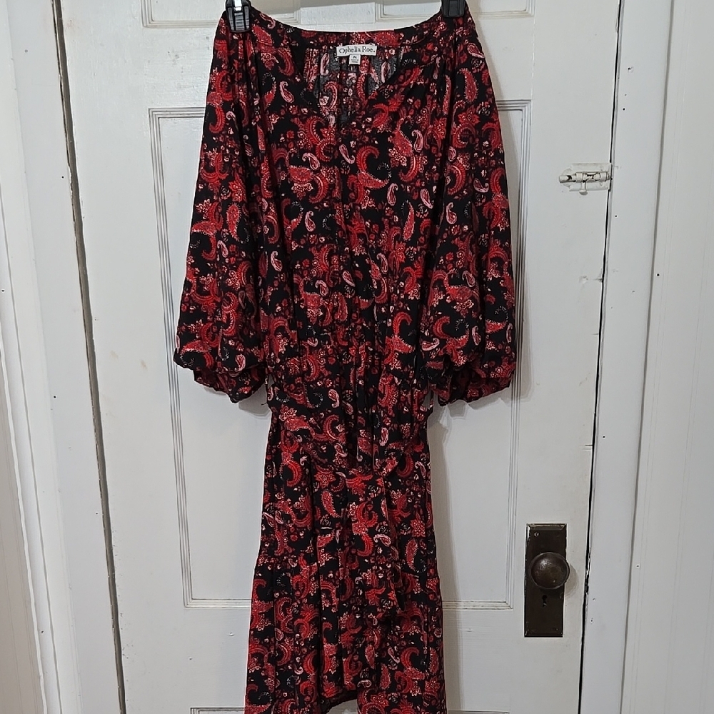 Ophelia Roe Paisley Print Red and Black Belted Puff Sleeve V Neck Notch Dress
